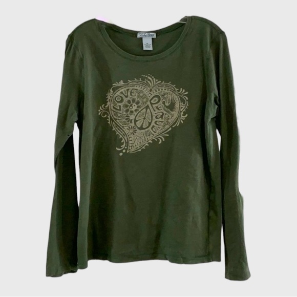 Lucky Brand Tops - 227 10/$50🏄🏻‍♀️ Lucky Brand Love and Peace Green Long Sleeve Shirt